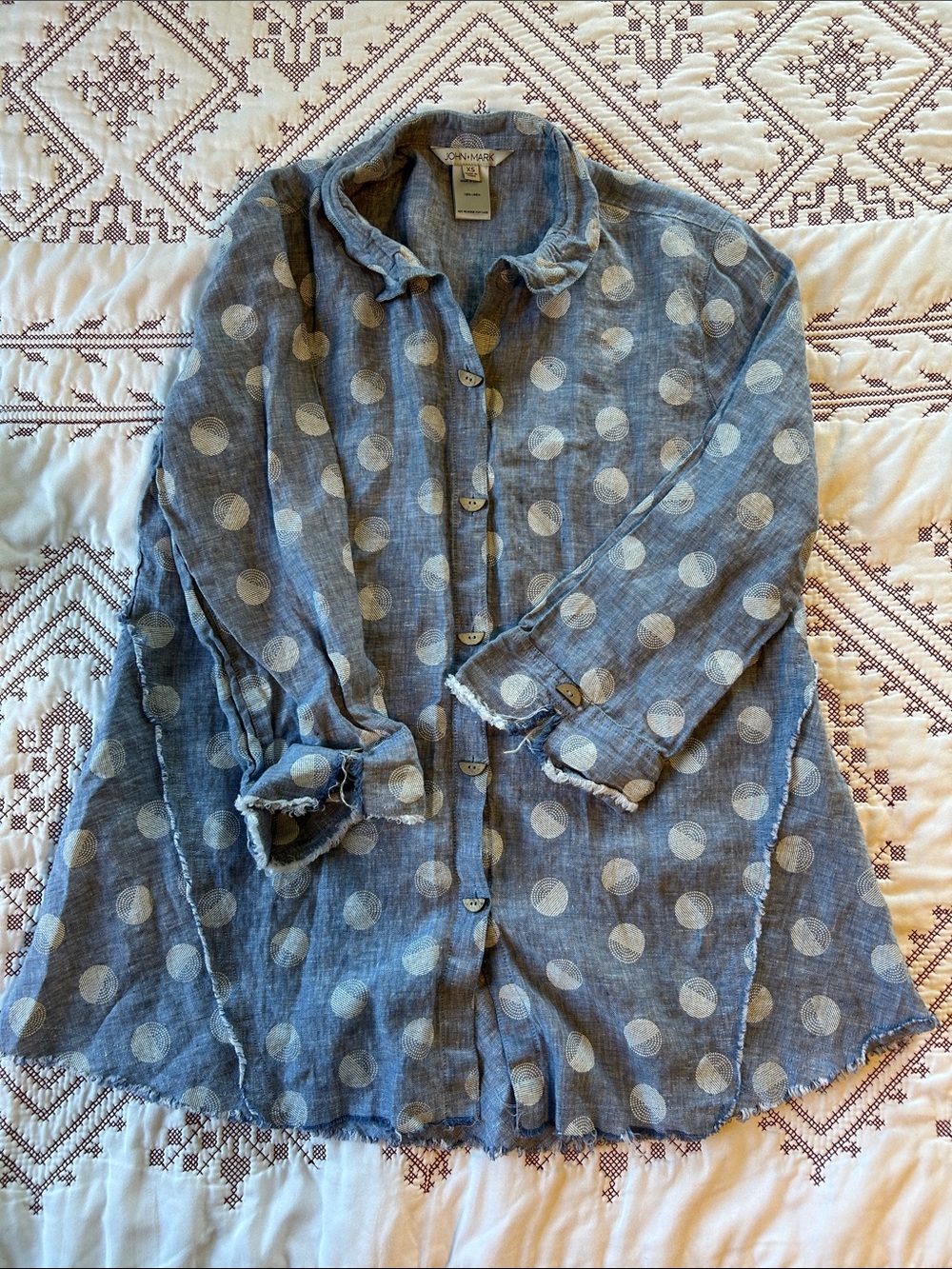 John Mark Blue 100% Linen Button-Up Blouse